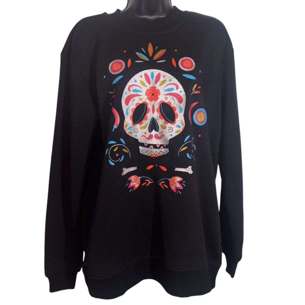 Sugar Skull Sweatshirt Long Sleeve Black Halloween Glitter Womenโs Size Medium